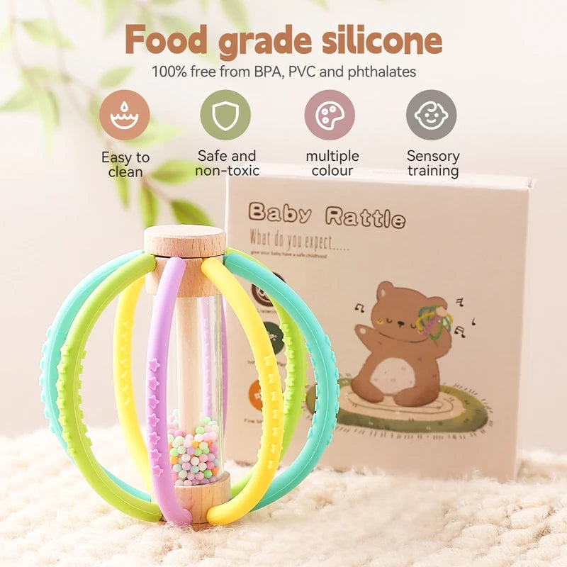 Wooden Baby Rain Rattle – Montessori Sensory Teething Toy with Silicone Beads