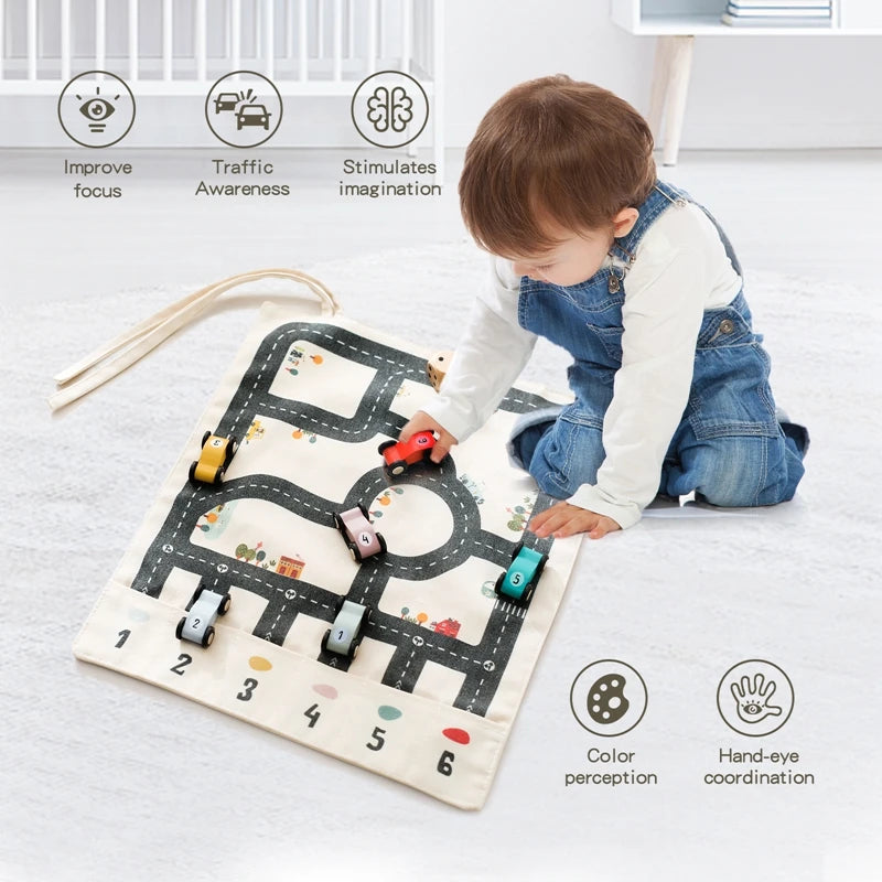 Montessori Wooden Car Road Map Toy – 35x31cm Canvas Desktop Play Mat for Toddlers