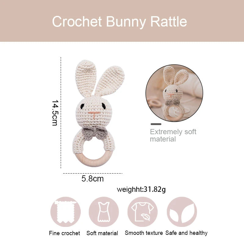 Handmade Crochet Baby Rattle – Wooden Teething Ring & Amigurumi Animal Toy