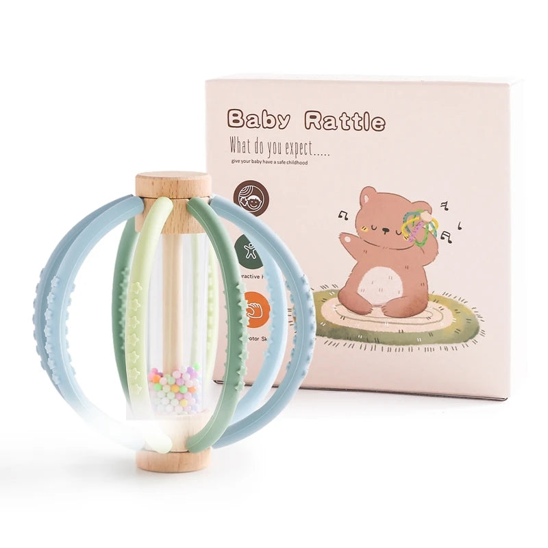 Wooden Baby Rain Rattle – Montessori Sensory Teething Toy with Silicone Beads