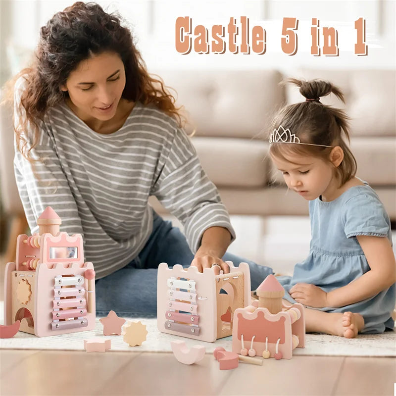 Montessori Wooden Castle Toy – Pink Baby House Puzzle for Early Learning & Imaginative Play