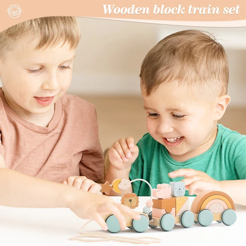 Wooden Montessori Pull Toy – Animal Night Train with Stars & Moon