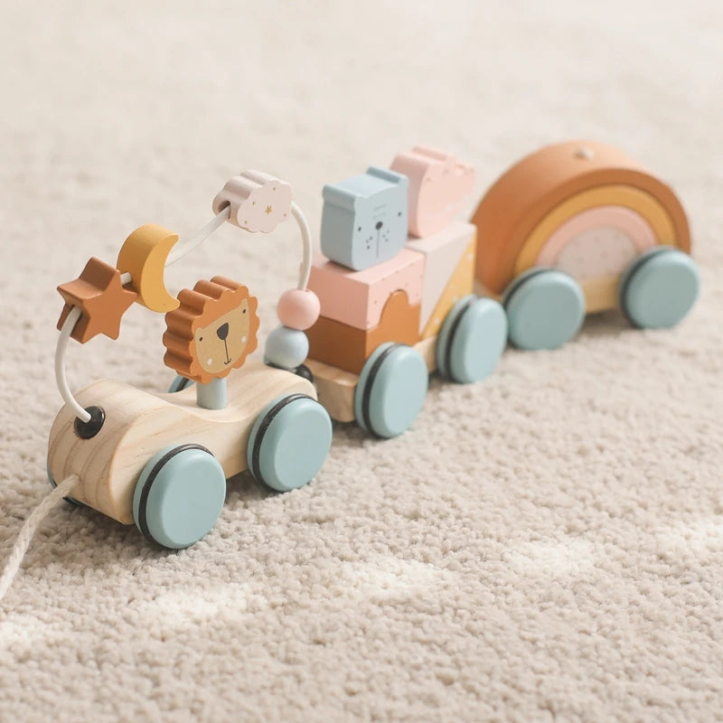 Wooden Montessori Pull Toy – Animal Night Train with Stars & Moon
