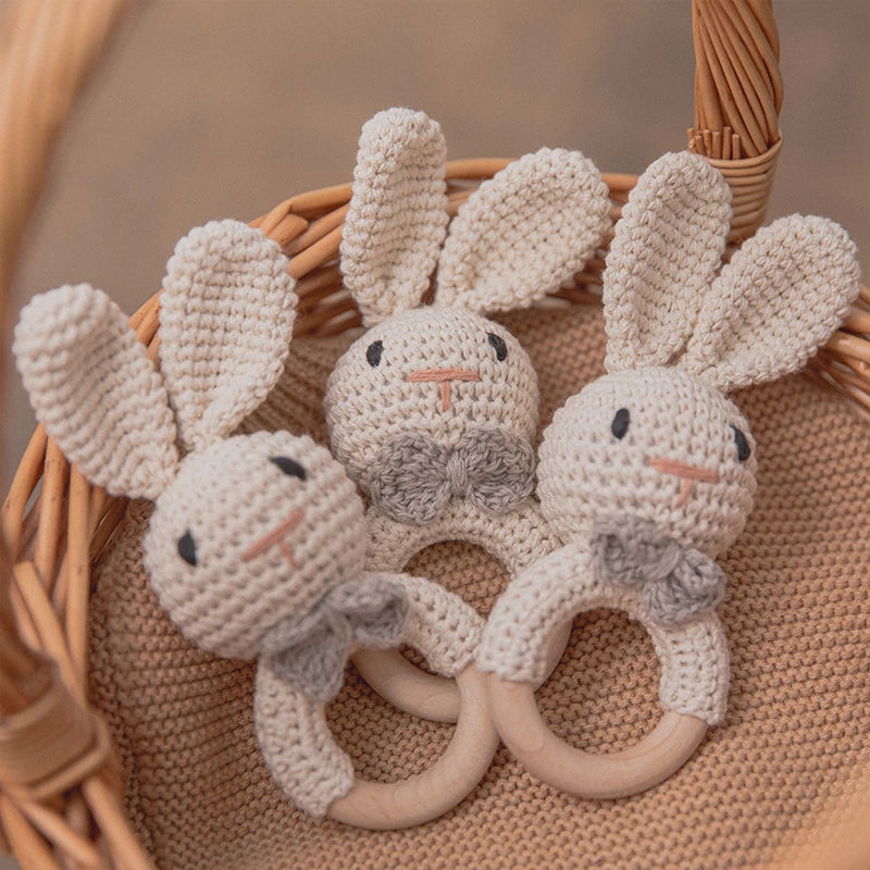 Handmade Crochet Baby Rattle – Wooden Teething Ring & Amigurumi Animal Toy
