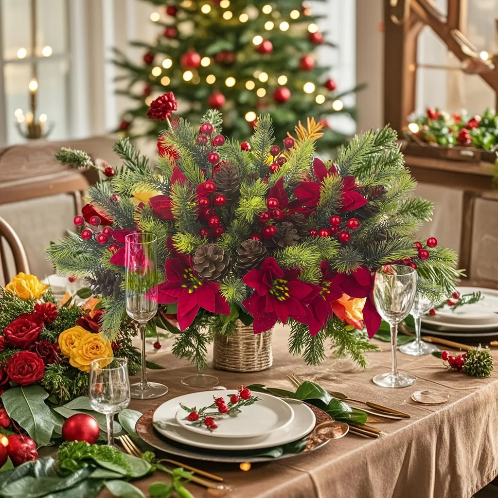 Bouquet de fleurs artificielles, 4 pièces, pommes de pin florales de noël, fausses baies rouges, tiges, pics floraux de houx pour fête de noël