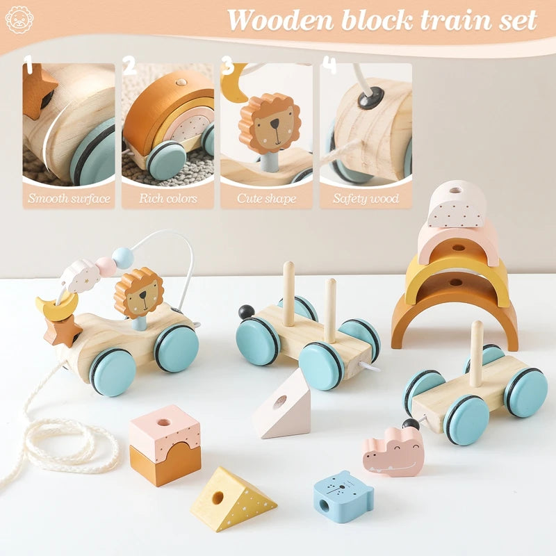 Wooden Montessori Pull Toy – Animal Night Train with Stars & Moon