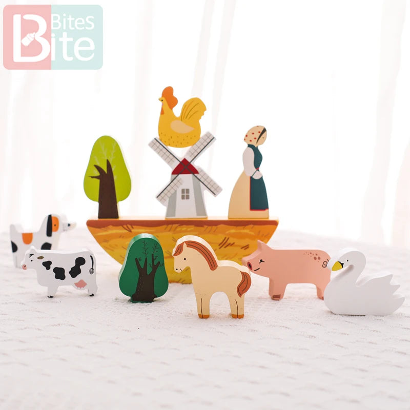 Wooden Farm Animal Stacking Toy – Montessori Balance & Coordination Game