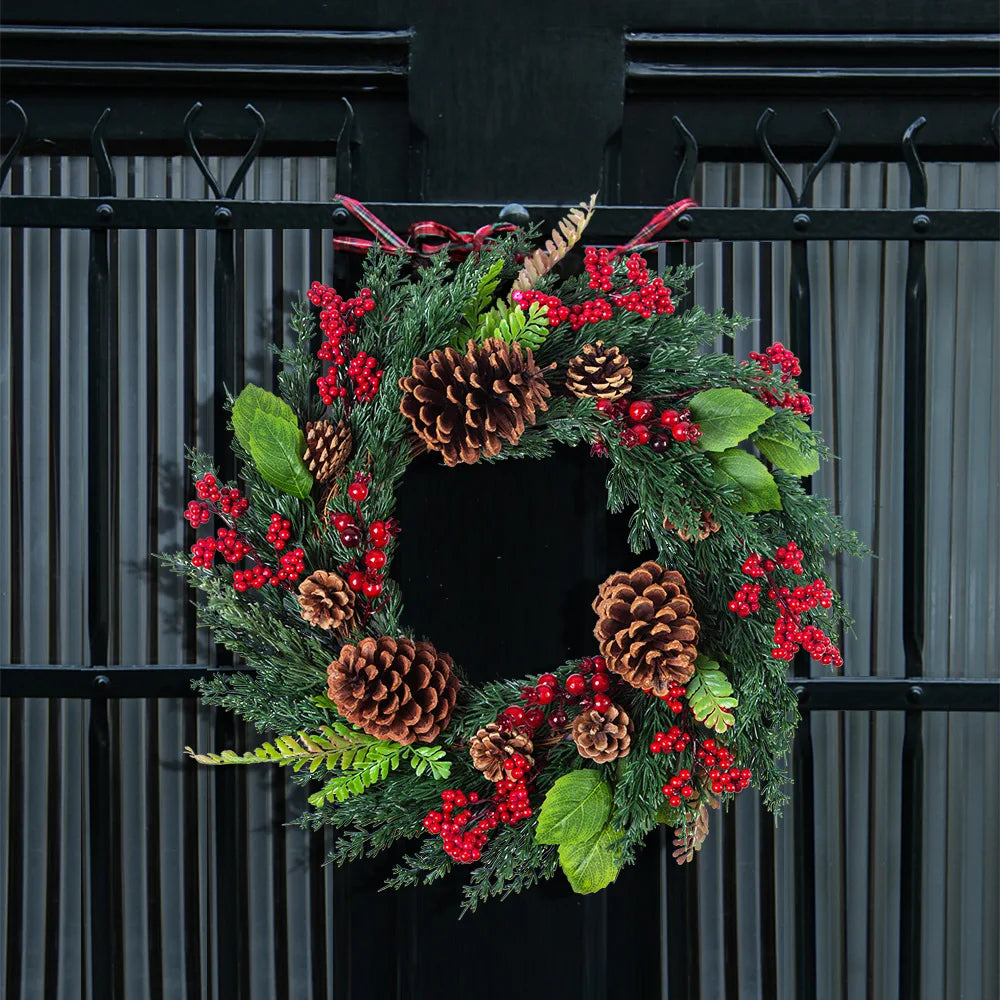 Handmade Christmas Wreath with Red Berries & Pine Leaves
