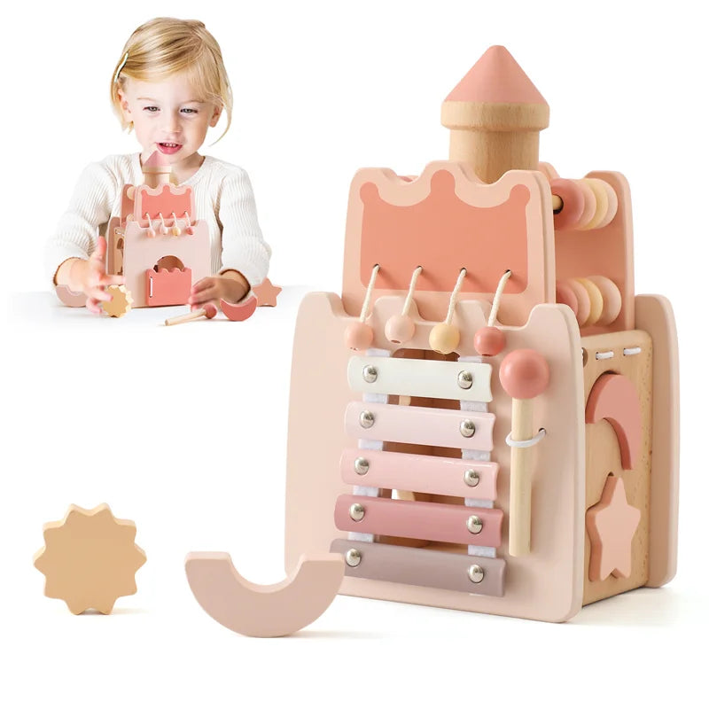 Montessori Wooden Castle Toy – Pink Baby House Puzzle for Early Learning & Imaginative Play