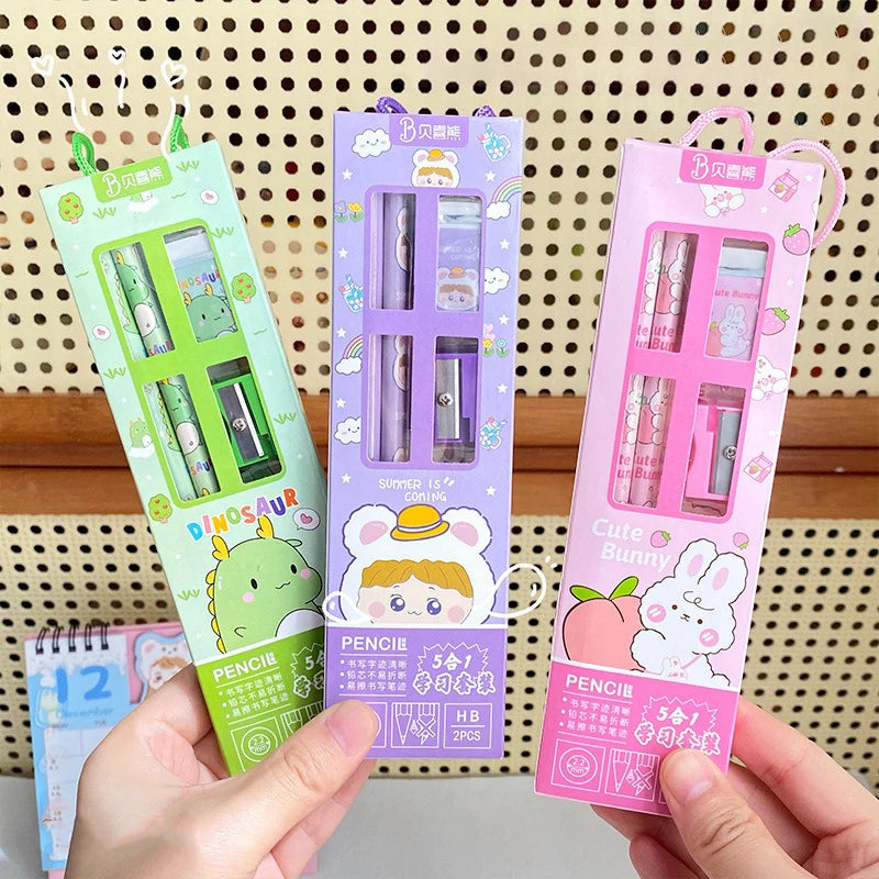 Cartoon Stationery Set for Kids – 5-in-1 Cute School Supplies Kit