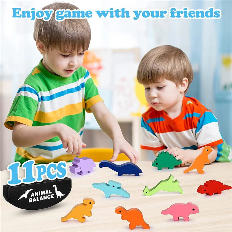 Wooden Balance Blocks – Montessori Dinosaur & Animal Stacking Game for Kids