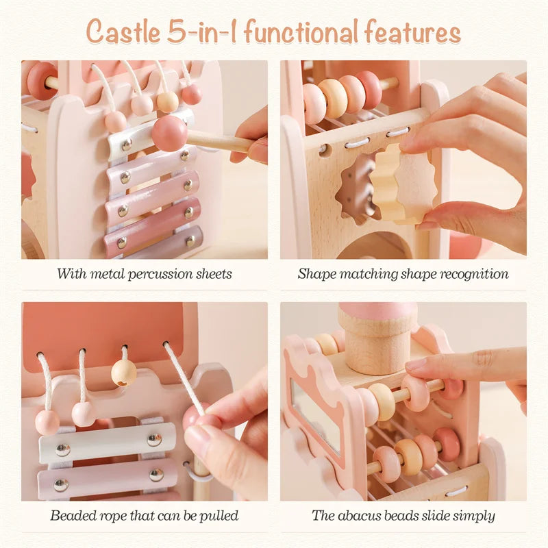Montessori Wooden Castle Toy – Pink Baby House Puzzle for Early Learning & Imaginative Play