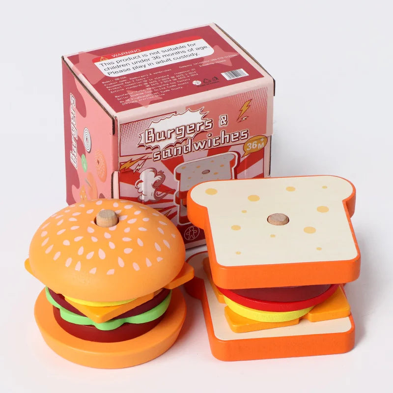 Wooden Stacking Burger Toy – Montessori Educational Food Puzzle for Kids
