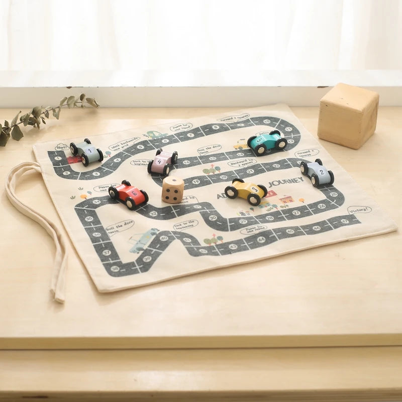 Montessori Wooden Car Road Map Toy – 35x31cm Canvas Desktop Play Mat for Toddlers