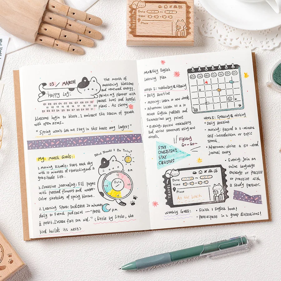 Wooden Cat Memo Stamp Box