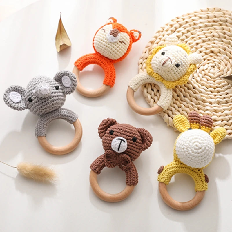 Handmade Crochet Baby Rattle – Wooden Teething Ring & Amigurumi Animal Toy