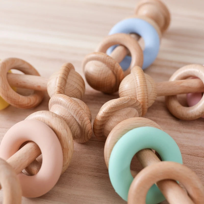 Wooden & Silicone Baby Rattle – Teething Toy for Newborns