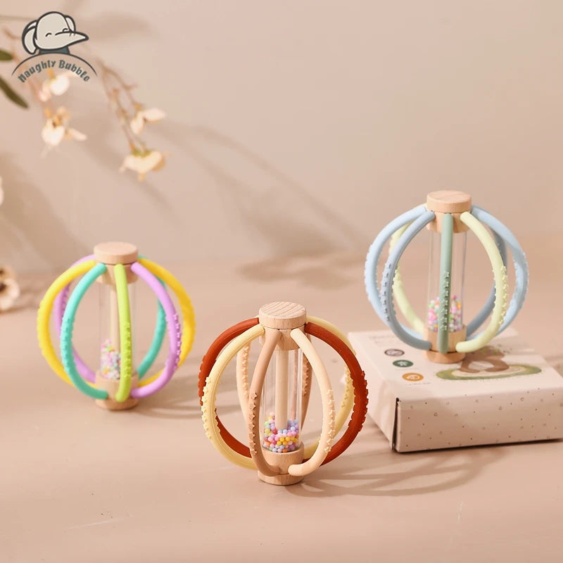 Wooden Baby Rain Rattle – Montessori Sensory Teething Toy with Silicone Beads