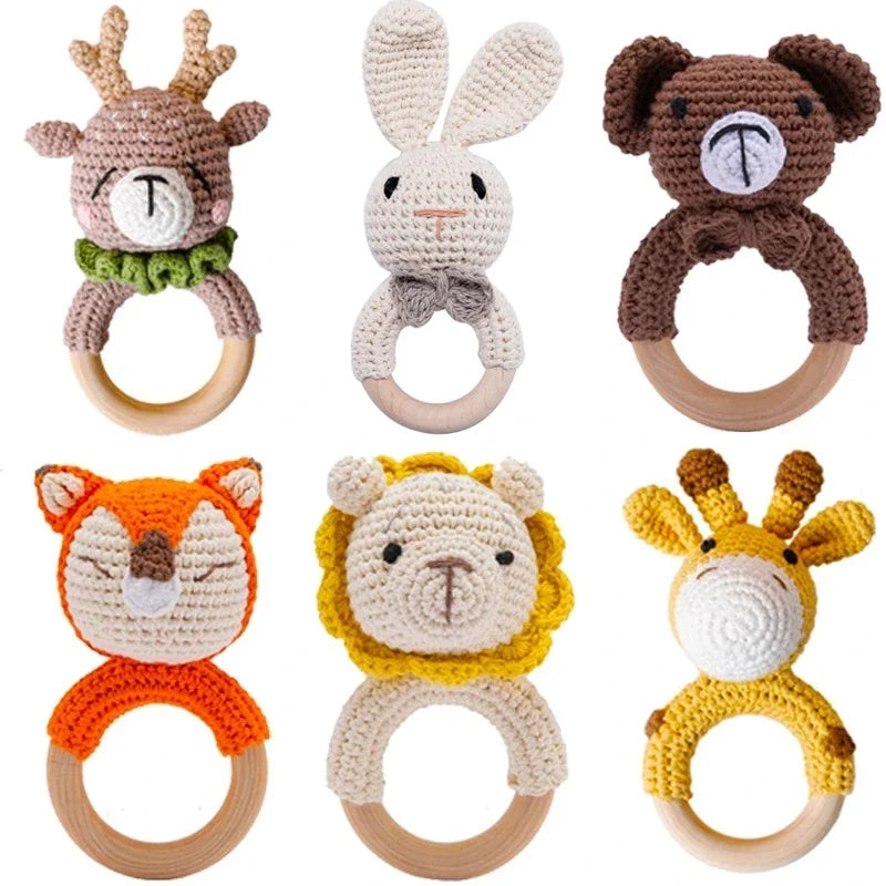 Handmade Crochet Baby Rattle – Wooden Teething Ring & Amigurumi Animal Toy