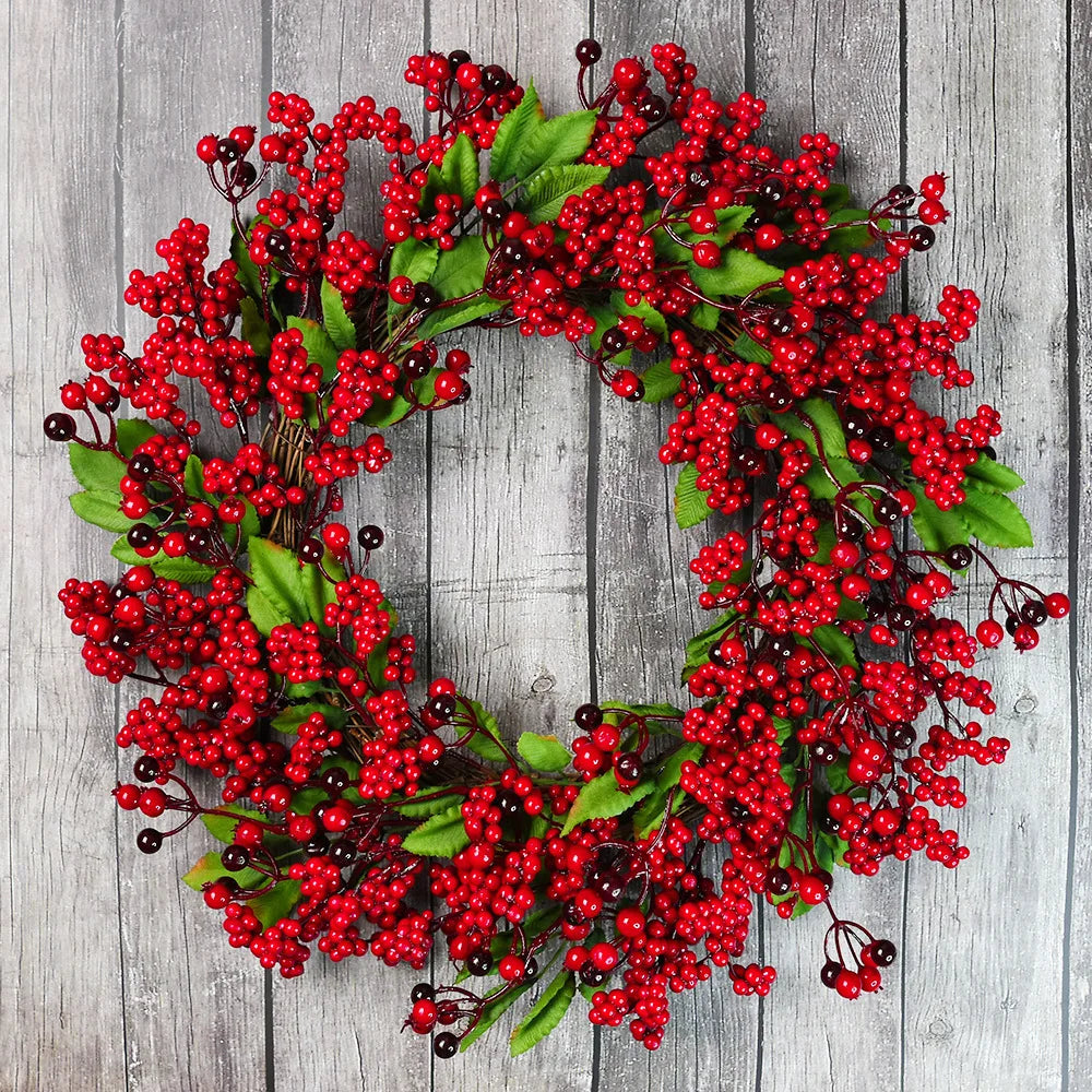 Handmade Christmas Wreath with Red Berries & Pine Leaves