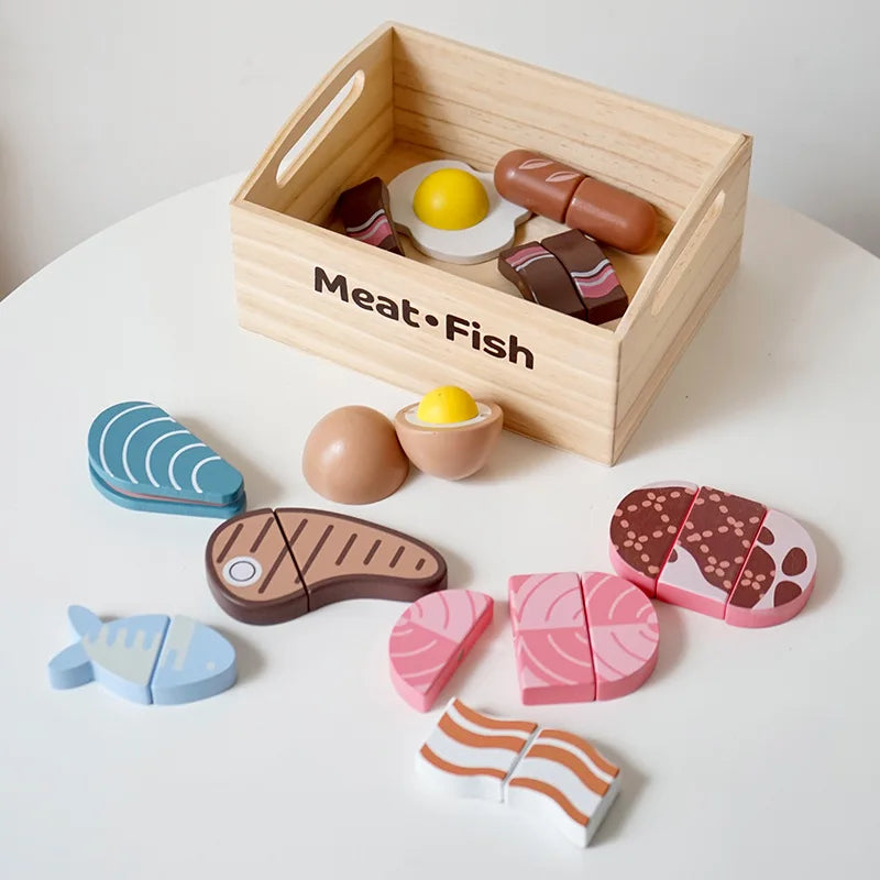 Wooden Kitchen Playset – Montessori Cutting Food Toy for Kids