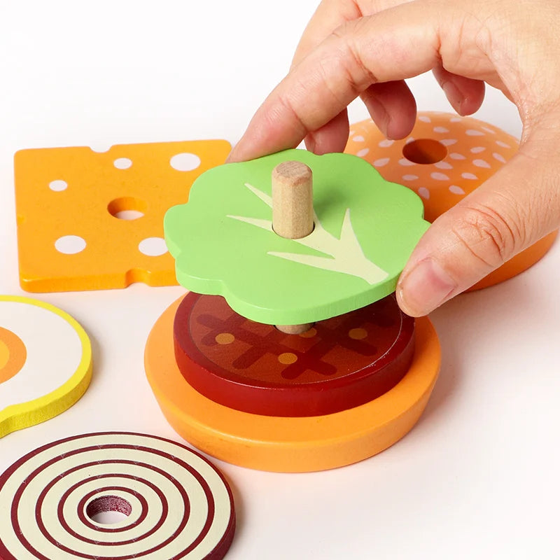 Wooden Stacking Burger Toy – Montessori Educational Food Puzzle for Kids