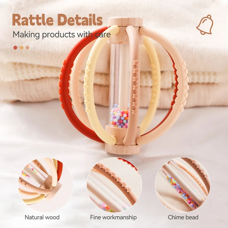 Wooden Baby Rain Rattle – Montessori Sensory Teething Toy with Silicone Beads