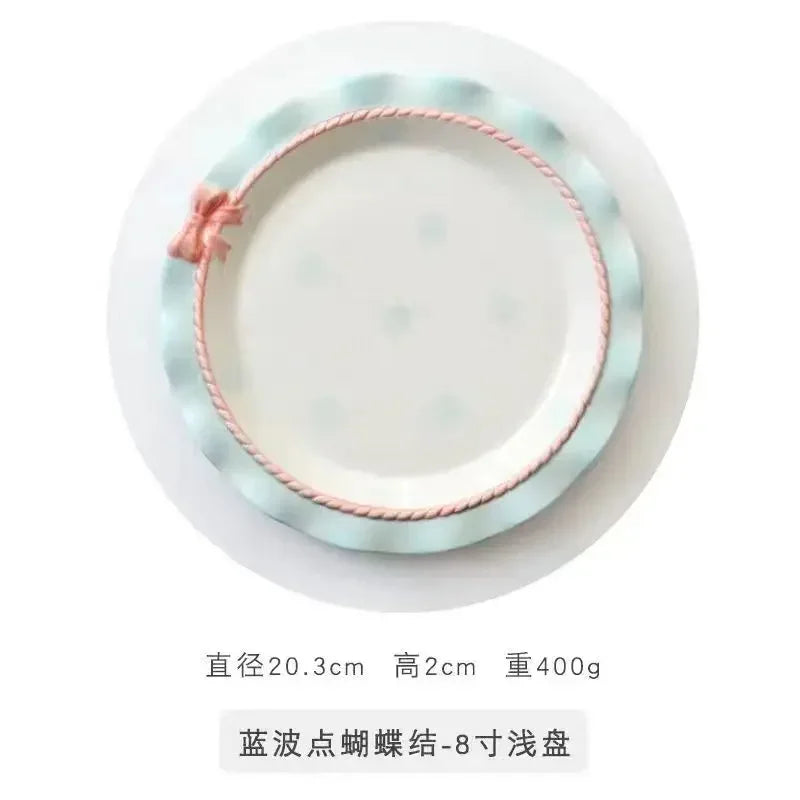 Service de vaisselle en céramique à bords ondulés, avec nœud en forme de cœur, idéal pour la présentation de gâteaux, plateau de princesse coréenne, bols à riz à bords dentelés