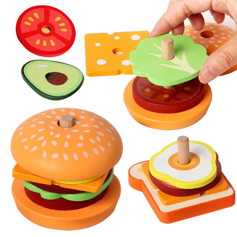 Wooden Stacking Burger Toy – Montessori Educational Food Puzzle for Kids