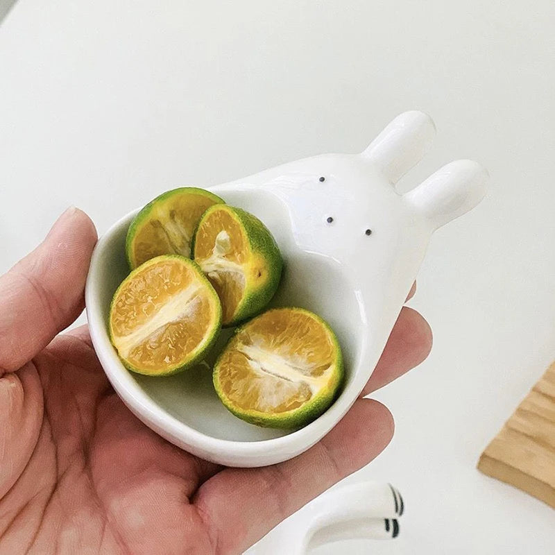 Assiette à tremper en céramique tridimensionnelle, lapin de dessin animé super mignon, s/05 er, assiette à collation pour ketchup, cordon de vinyle, lapin blanc, ménage