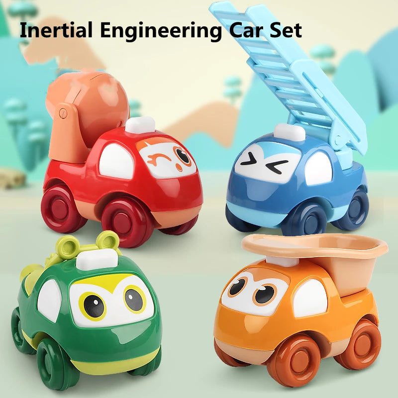 Cute Cartoon Engineering Cars Set – 4-Piece Inertial Construction Vehicles for Toddlers