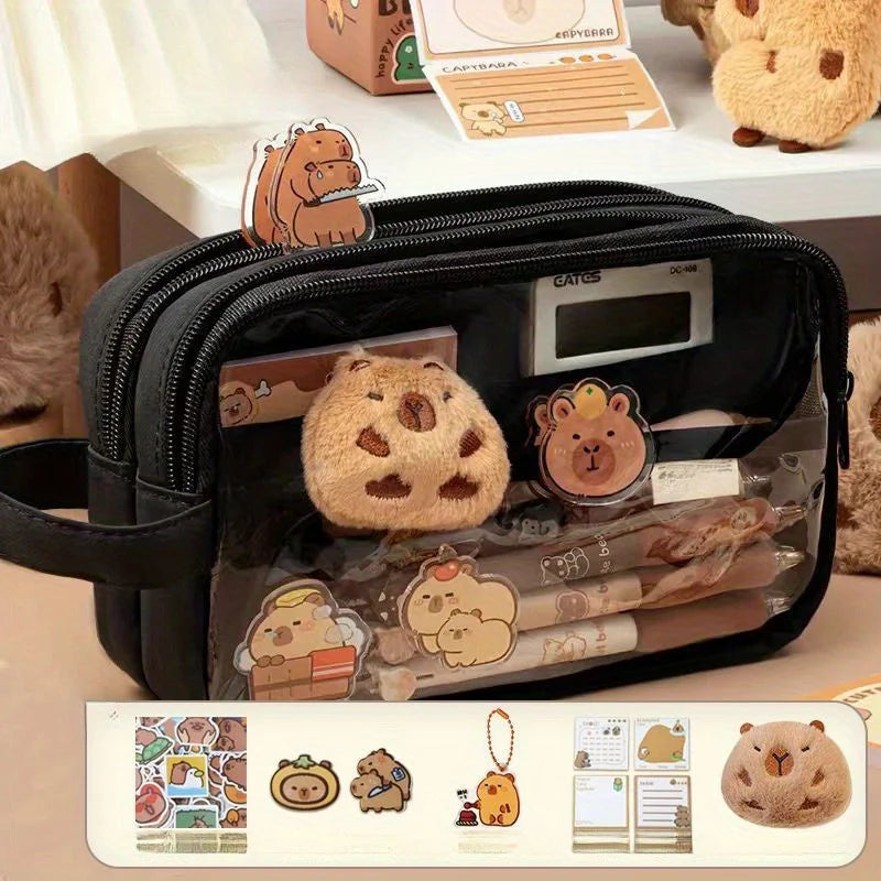 Capybara Pencil Case – Aesthetic Canvas School Pouch with Lock