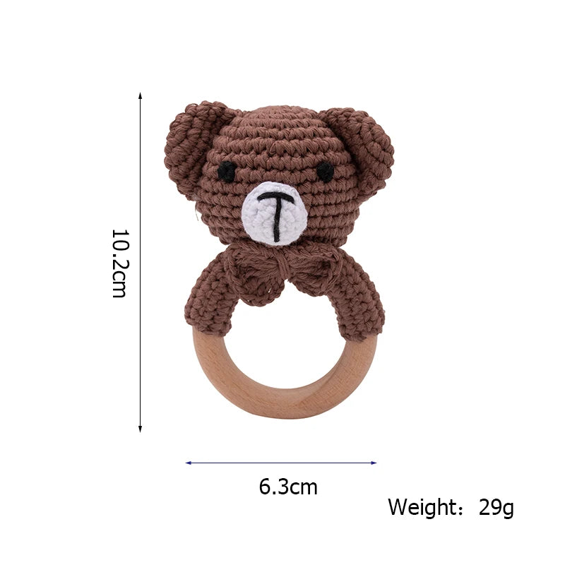 Handmade Crochet Baby Rattle – Wooden Teething Ring & Amigurumi Animal Toy