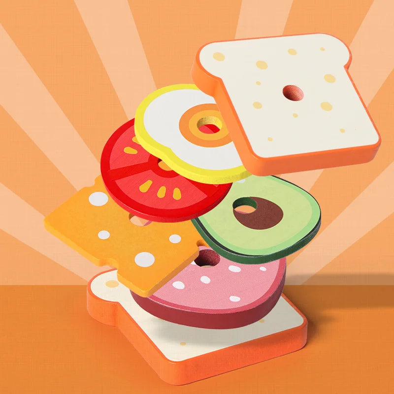 Wooden Stacking Burger Toy – Montessori Educational Food Puzzle for Kids