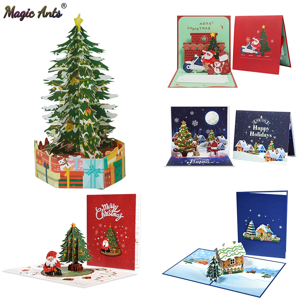 Autocollants de cartes de joyeux Noël découpés au laser, cartes pop-up, arbre de Noël, cadeau d'hiver, décoration de nouvel an, cartes de vministériels x