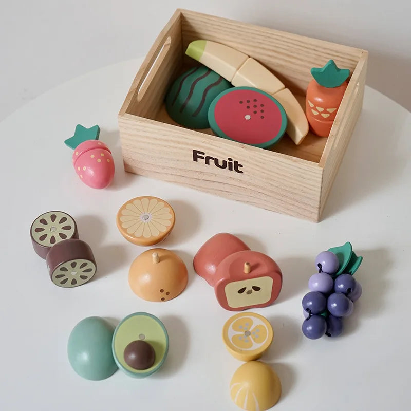 Wooden Kitchen Playset – Montessori Cutting Food Toy for Kids