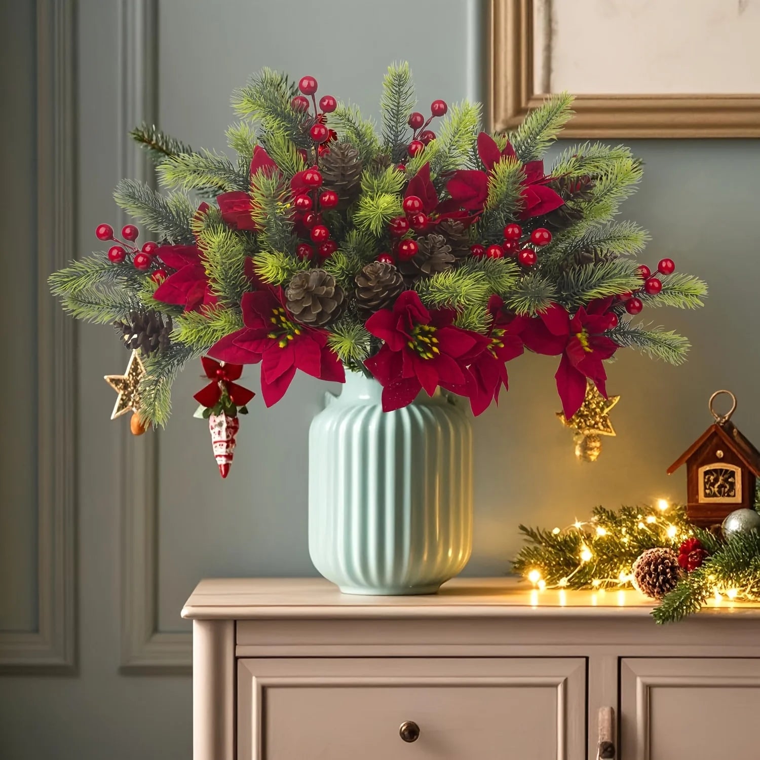 Bouquet de fleurs artificielles, 4 pièces, pommes de pin florales de noël, fausses baies rouges, tiges, pics floraux de houx pour fête de noël