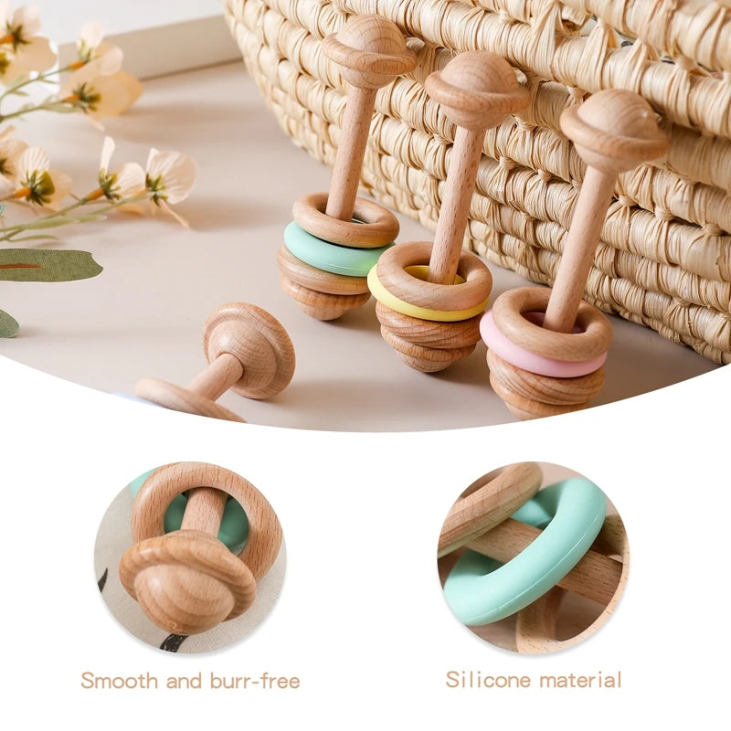 Wooden & Silicone Baby Rattle – Teething Toy for Newborns