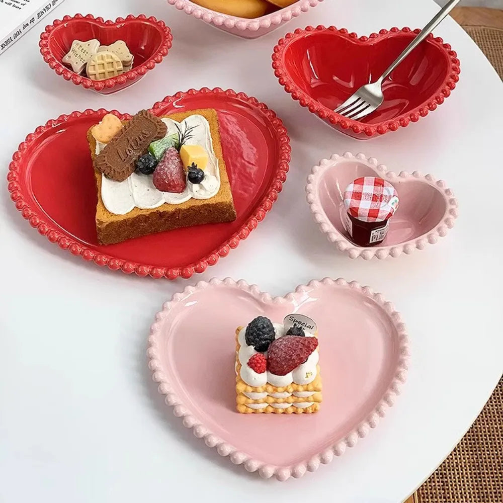 Assiette à dîner créative en forme de cœur en céramique, points de perles roses, vaisselle, assiette à gâteau à Dessert, assiette à salade en porcelaine, ustensiles de cuisine, nouveau