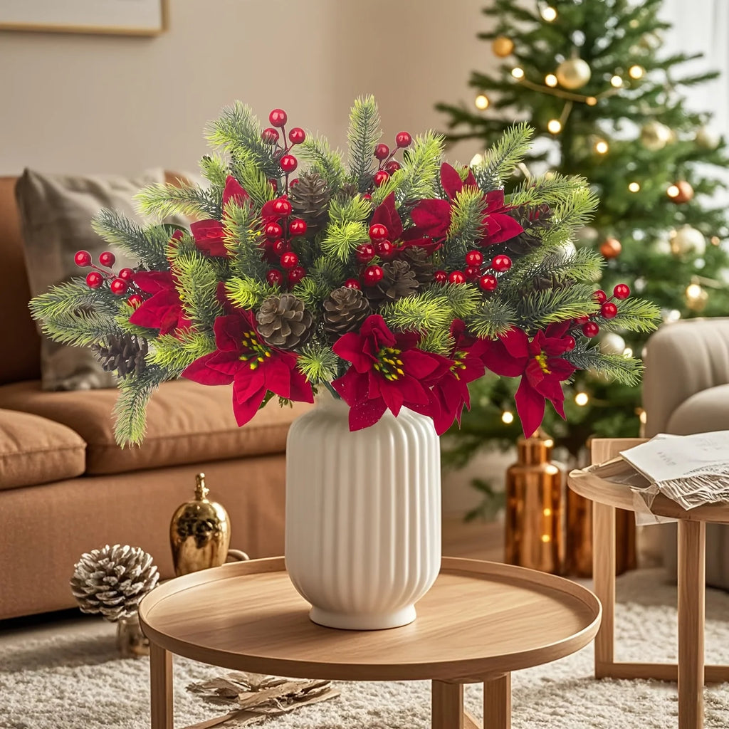 Bouquet de fleurs artificielles, 4 pièces, pommes de pin florales de noël, fausses baies rouges, tiges, pics floraux de houx pour fête de noël