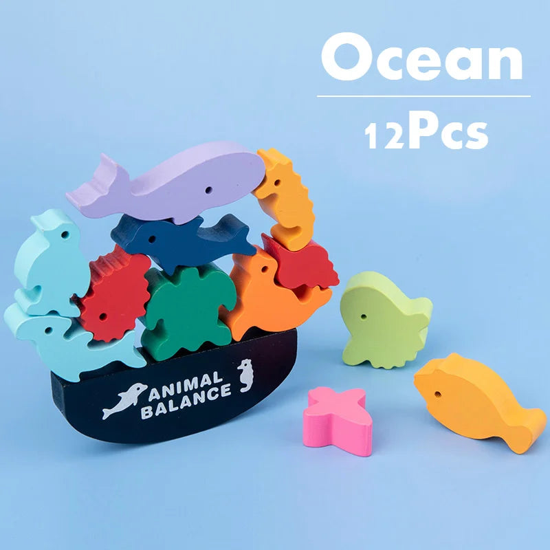 Wooden Balance Blocks – Montessori Dinosaur & Animal Stacking Game for Kids