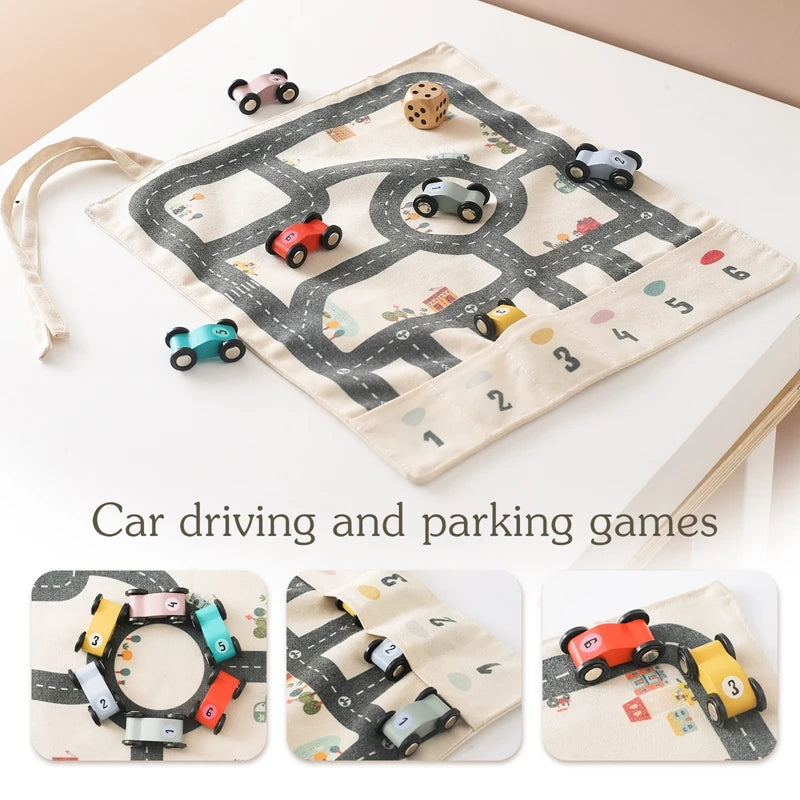 Montessori Wooden Car Road Map Toy – 35x31cm Canvas Desktop Play Mat for Toddlers