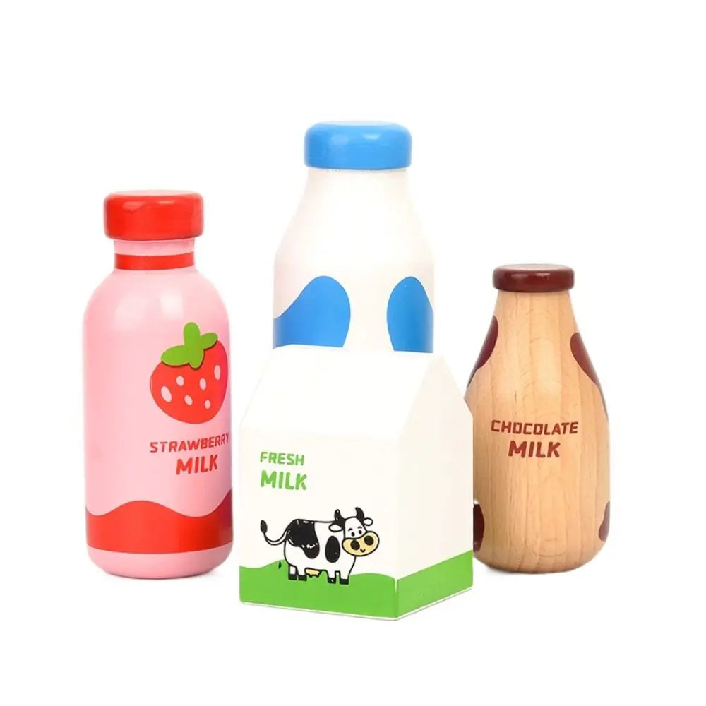 Wooden Pretend Play Milk Bottle – Strawberry Drink Toy for Kids Kitchen Play