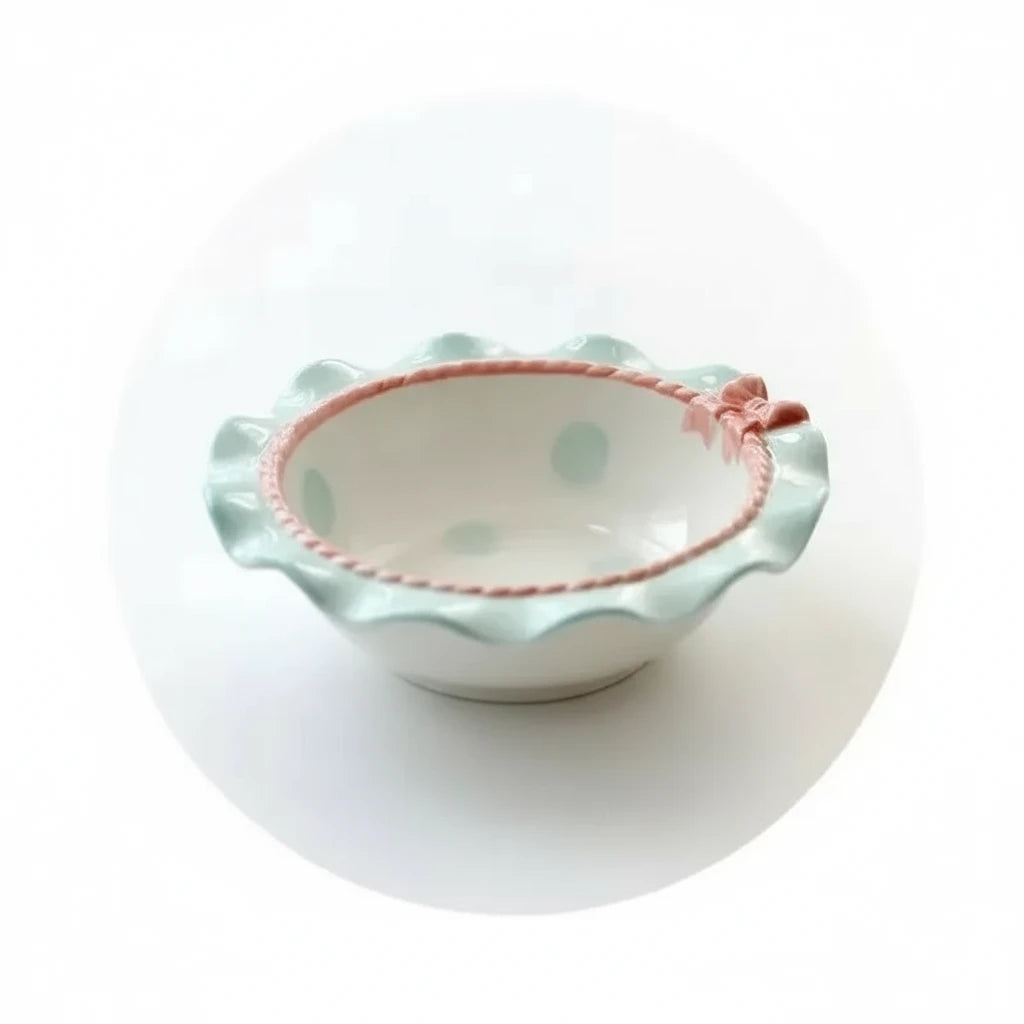 Service de vaisselle en céramique à bords ondulés, avec nœud en forme de cœur, idéal pour la présentation de gâteaux, plateau de princesse coréenne, bols à riz à bords dentelés