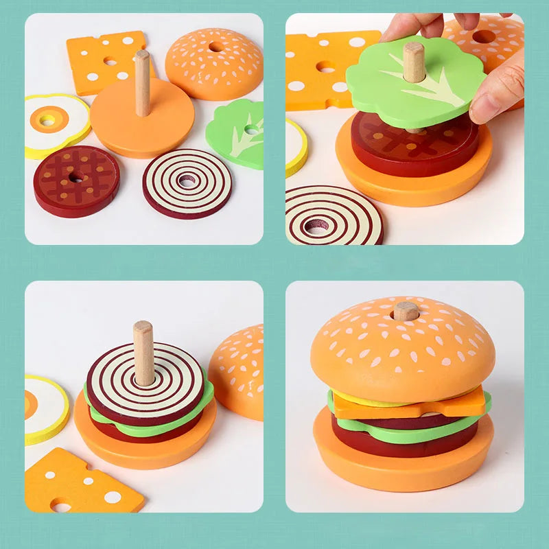 Wooden Stacking Burger Toy – Montessori Educational Food Puzzle for Kids