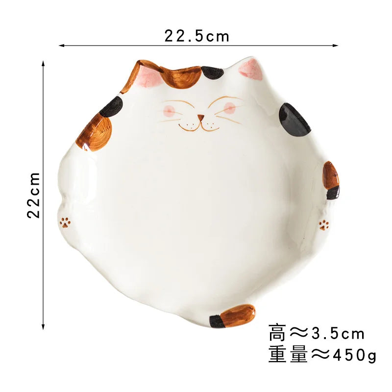 Assiette en céramique de style dessin animé japonais mignon, plat en forme de chat, QuePlate, petit déjeuner, plat à dessert, ustensiles de cuisine pour la maison