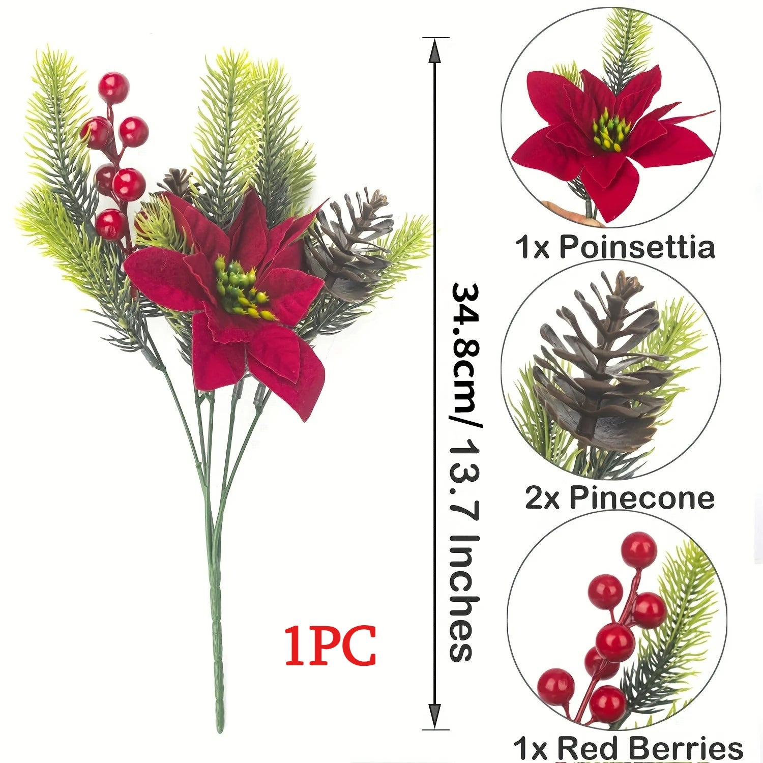 Bouquet de fleurs artificielles, 4 pièces, pommes de pin florales de noël, fausses baies rouges, tiges, pics floraux de houx pour fête de noël