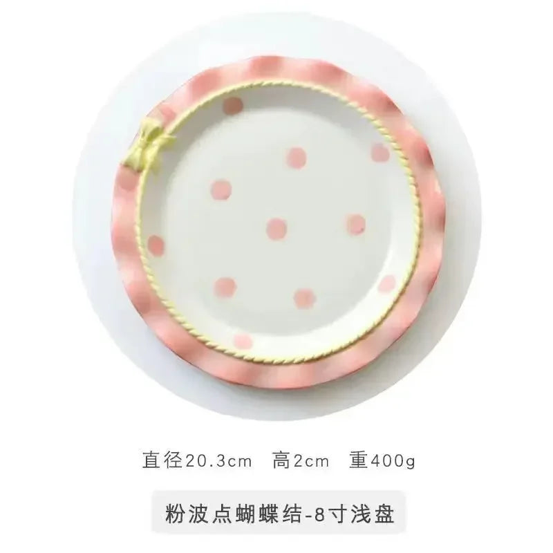 Service de vaisselle en céramique à bords ondulés, avec nœud en forme de cœur, idéal pour la présentation de gâteaux, plateau de princesse coréenne, bols à riz à bords dentelés