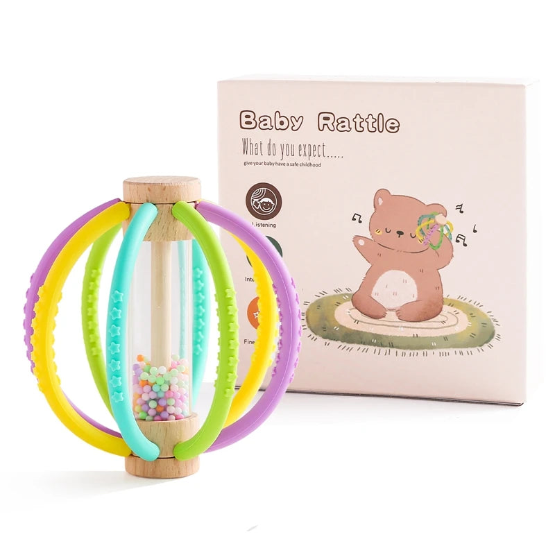 Wooden Baby Rain Rattle – Montessori Sensory Teething Toy with Silicone Beads