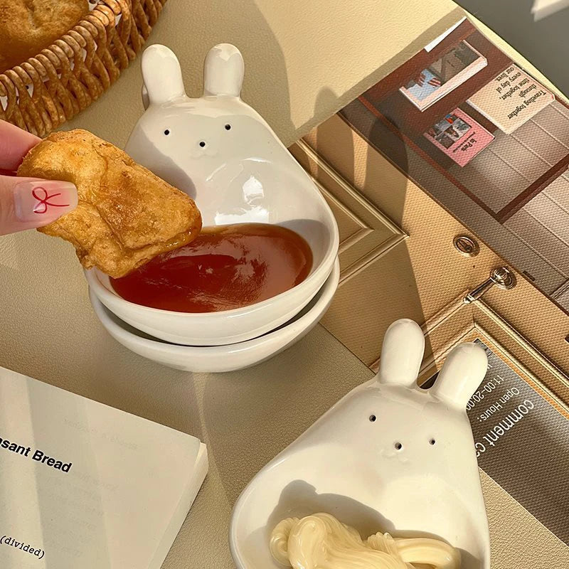 Assiette à tremper en céramique tridimensionnelle, lapin de dessin animé super mignon, s/05 er, assiette à collation pour ketchup, cordon de vinyle, lapin blanc, ménage